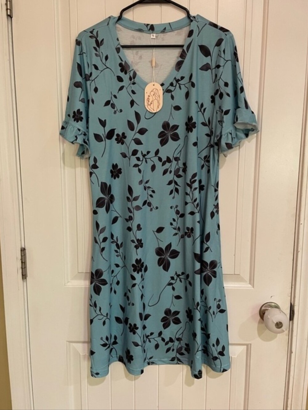 Blue Floral V-Neck Short Sleeve Dress - Picture 6 of 6